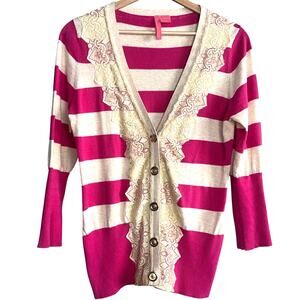 Charlotte Lace Trim Striped Button Front Cardigan Top Pink Cream Cotton L
